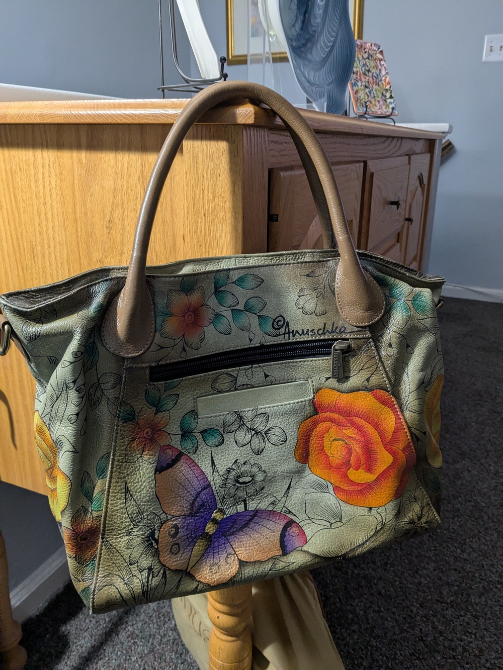 Butterfly & Rose Print Leather Handbag With Adjustable Shoulder Strap - Picture 2 of 4